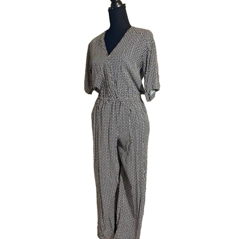 H&M Jumpsuit Pockets Sz 8 Black Blue White Geometric NWT
